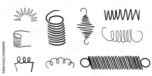 Spiral metal coil wire doodle hand drawn bounce steel curve line spring. Set vape metallic flexible coils. Steel motor spiral 