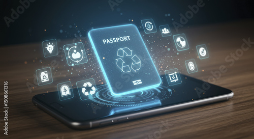 Digital Passport Appears on Smartphone Screen with Recycling Icons Above, Selective Focus