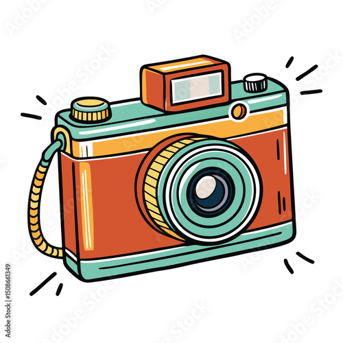 Vintage camera with retro lens and flash unit vector illustration