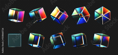 3D crystal glass cubes set with refraction and iridescent effects isolated on dark background. Render transparent rotating glass box with neon dispersion light and rainbow gradient. 3d vector figure
