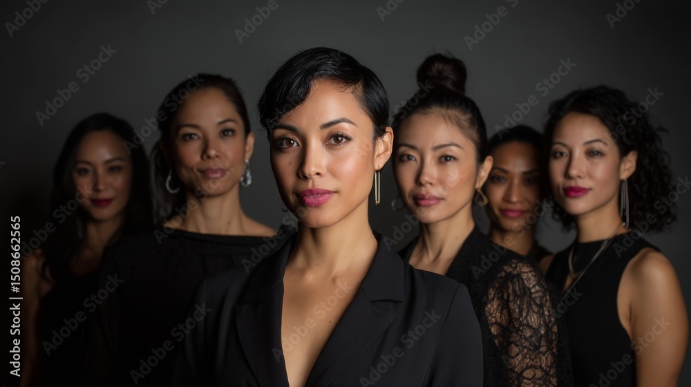 Obraz premium A diverse group of women from various age groups, ethnicities, and skin tones exude confidence and beauty as they stand united, symbolizing female empowerment and equality