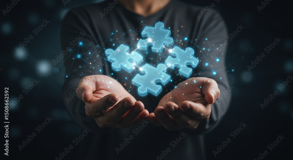 Solving Business Solutions: A Man Integrates Digital Puzzle Pieces for Collaborative Strategy and Teamwork in the Modern Era Solving Business Solutions: A Man Integrates Digital Puzzle Pieces for Collaborative Strategy and Teamwork in the Modern Era
