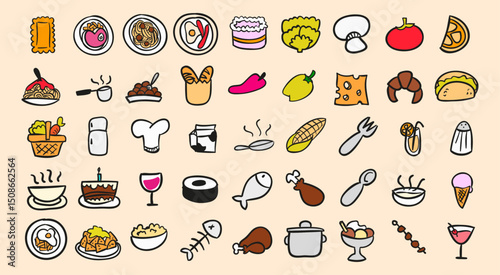 Hand-Drawn Food and Drink Doodle Icon Set – Colorful Cartoon Vector Collection