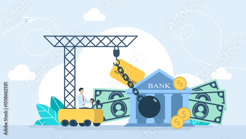 A wrecking ball destroys everything, business, money, insurance. Debt problem concept. Obligation or financial loan crisis, credit failure, no money. Crane with wrecking ball. Vector illustration
