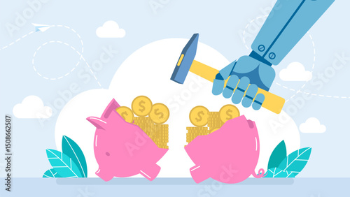 Hammer in robot arm hit big piggy bank. Coins scattered. Cracked piggy bank, coins scattered around. Financial problem, bankruptcy. Wrong mapping algorithm. AI bot replace human. Vector illustration