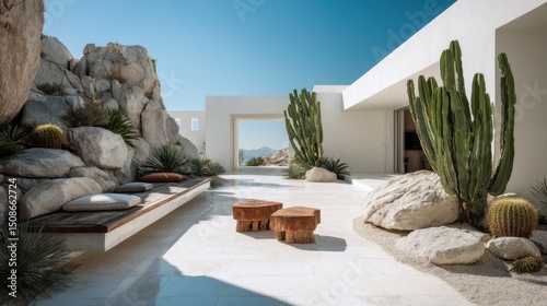 A modern courtyard with desert landscaping and comfortable seating.