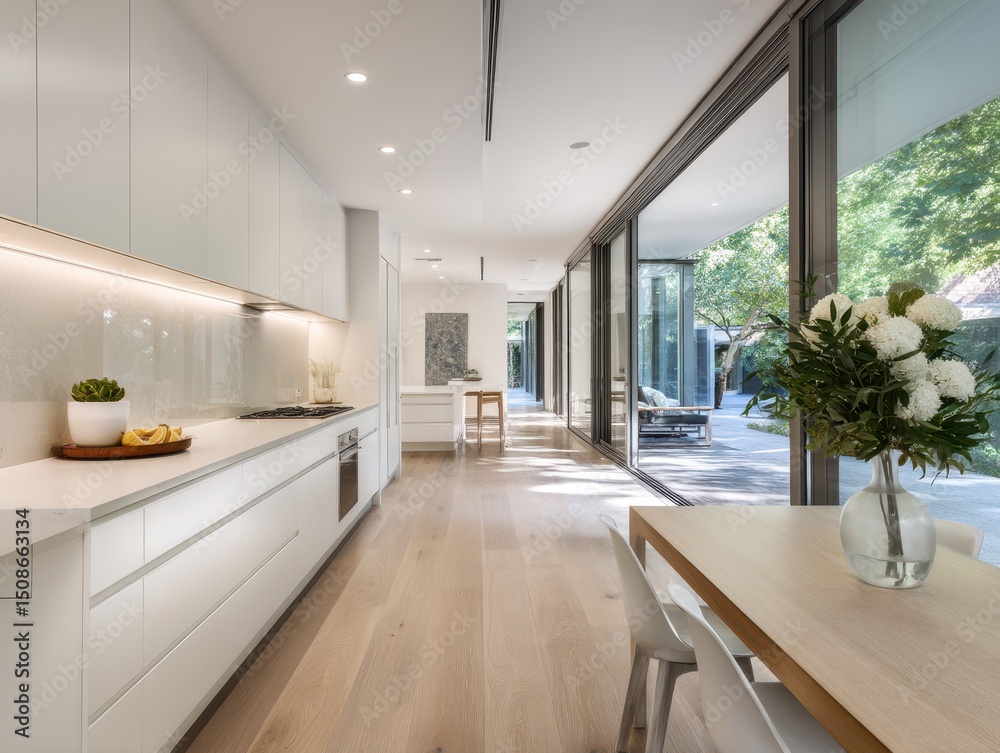 Fototapeta premium Modern kitchen with expansive views of a courtyard.