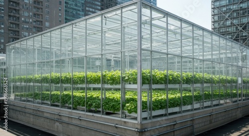 Growing Plants Inside Modern Greenhouse Structure in Urban Area