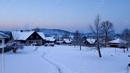 Winter Village Landscape at Dusk Snowy Scene