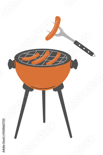 Grilling sausages on a barbecue in a backyard during a summer gathering with friends and family. Flat style vector illustration.
