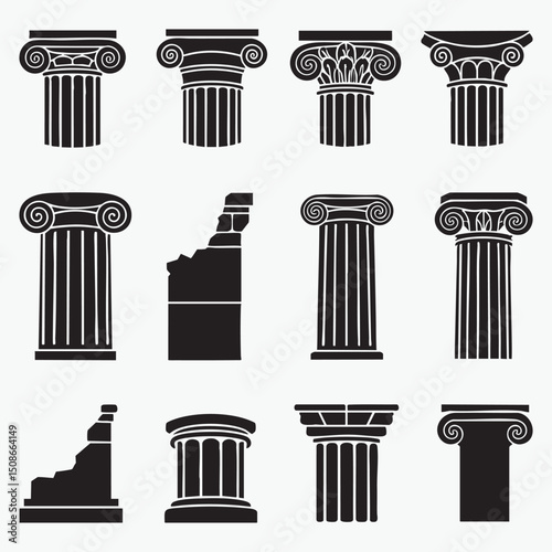 Vector Set of Ancient Greek and Roman Columns – Architectural Elements Silhouette Collection