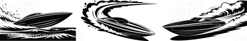 Speedboat Silhouette Vector Set with Dynamic Water Wave Effects.