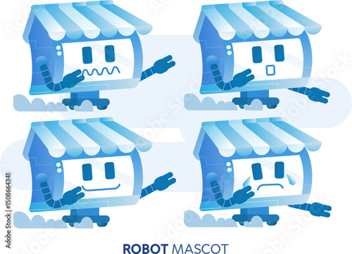 A collection of digital model robot market with various emoticons. Cute robot advertising mascots.