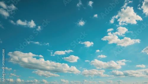 Panorama blue sky backdrop featuring small clouds. White clouds drift in the sunlit sky. Stunning scenery with space available for text.