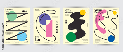 Modern Abstract Geometric Poster Design Set – Modern Memphis Style with Colorful Bauhaus-Inspired Vector Layouts