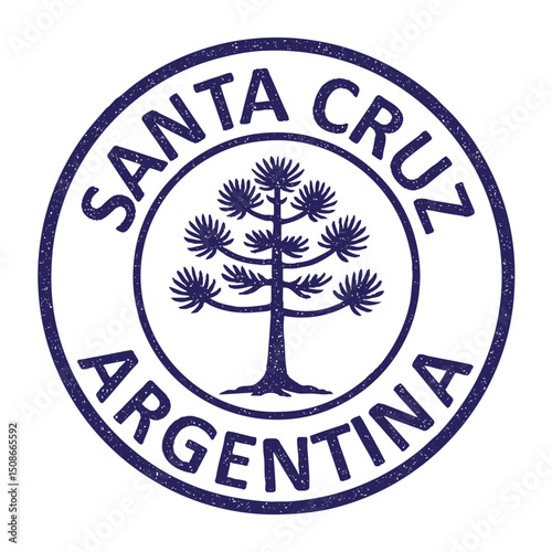 Santa Cruz, Patagonia, Argentina, grunge rubber stamp from Argentina with araucaria pine tree or pehuén on transparent background, vector illustration blue