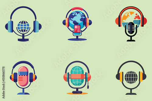Global Podcasting Headphones and Microphones Vector Illustration.