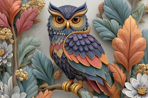 Artistic owl illustration featuring bold feathers and detailed nature surroundings high resolution photo photo