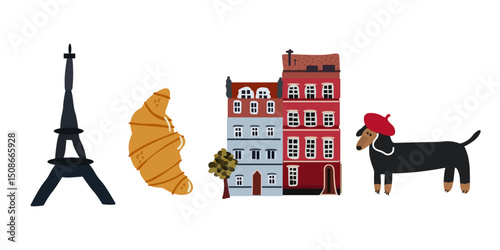 Hand drawn vector travel and food illustration. Vintage buildings of different cities. Traditional food, symbols of Paris, Barcelona, Sicily. European cities cartoon retro stickers