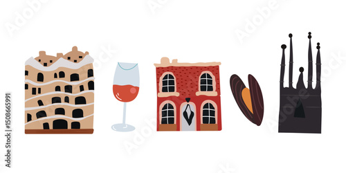 Hand drawn vector travel and food illustration. Vintage buildings of different cities. Traditional food, symbols of Paris, Barcelona, Sicily. European cities cartoon retro stickers