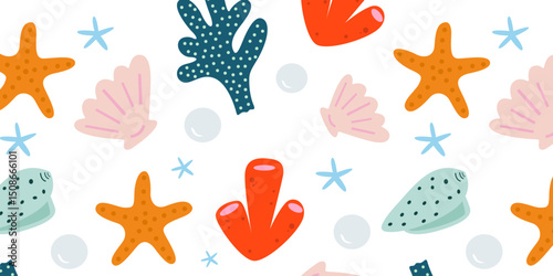 Vector summer seamless pattern with colorful seashells and corals. Summer pattern for various products, textile, clothes, wrapping paper, background, wallpaper. Seamless cartoon oceanic print