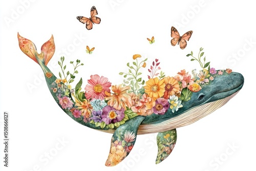 Whimsical watercolor whale illustration butterflies colorful. photo