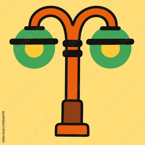 Flat vector illustration of a colorful park street lamp with two round green lights_2.ai