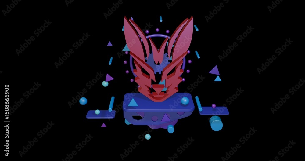 Fototapeta premium Red hare's head symbol on a pedestal of abstract geometric shapes floating in the air. Abstract concept art with flying shapes in the center. 3d illustration on black background