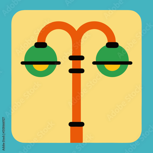 Flat vector illustration of a colorful park street lamp with two round green lights_4.ai