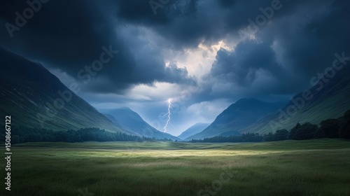 Dramatic Thunderstorm Over Mountains and Valleys with Bright Lightning Strike
