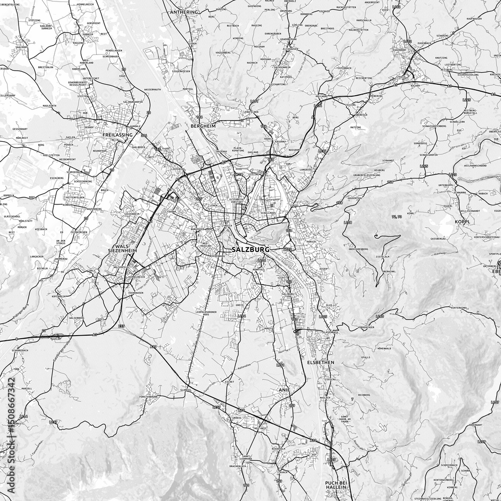 Fototapeta premium Salzburg Area Map with Labels and Neighborhoods - One color, minimalistic design
