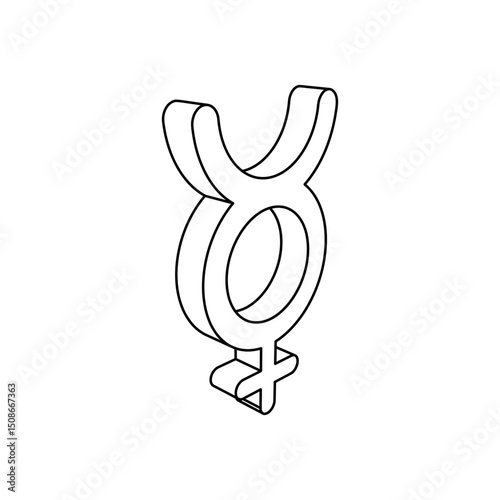 The outline of a large astrological mercury symbol is made with black lines. 3D view of the object in perspective. Vector illustration on white background