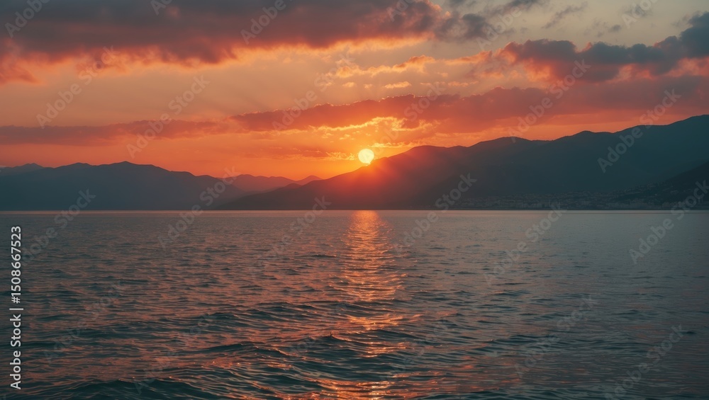 Fototapeta premium Orange sunset on the sea with the sun, a beautiful sky on the background of mountains. With empty copy space for text
