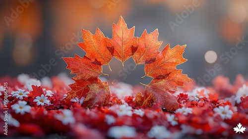 Vibrant maple leaf wreath with golden accents on rustic wood, celebrating Canada Day's festive elegance.