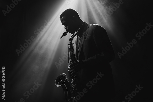 Silhouette of a jazz saxophonist playing on stage