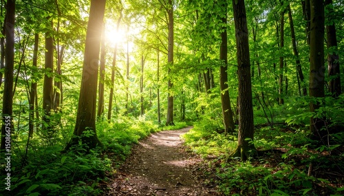 Fototapeta Naklejka Na Ścianę i Meble -  Sunlit path winds through lush green forest