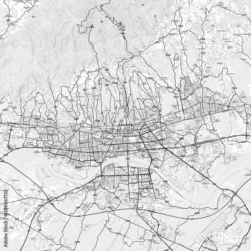 Fototapeta premium Zagreb Area Map with Labels and Neighborhoods - One color, minimalistic design