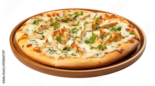 Delicious Chicken Alfredo Pizza Slices on Wooden Platter Appealing Food Photography for Restaurant Menu or Website