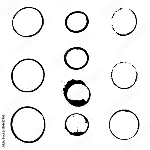 10 isolated coffee, tea and wine stains. Black marks from cups. Vector illustration.