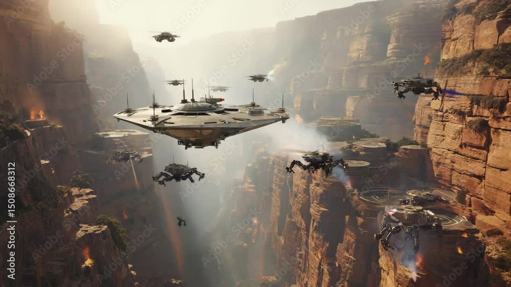 Wide aerial view of a flying command station hovering above a canyon coordinating firefighting mechs climbing cliff edges to reach isolated hotspots