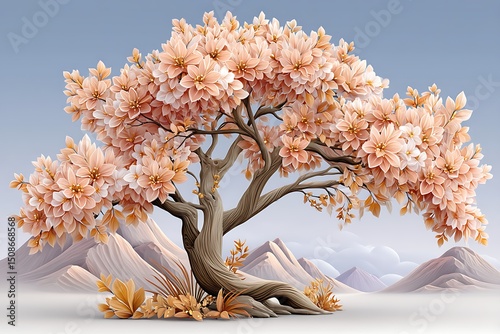 Decorative autumn tree illustration with lush leaves and surreal natural setting in soft light high resolution photo