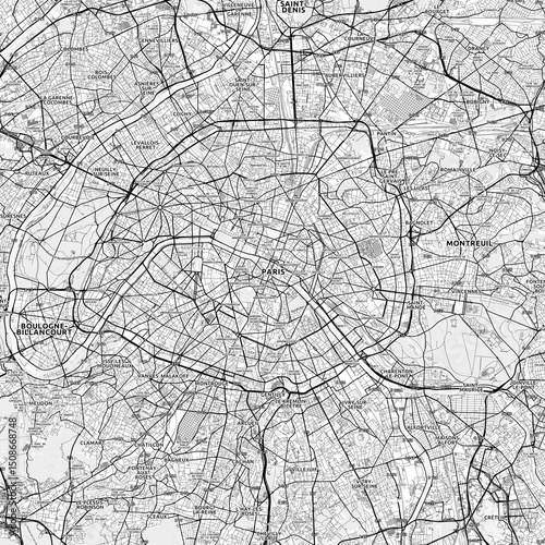 Paris Area Map with Labels and Neighborhoods - One color, minimalistic design