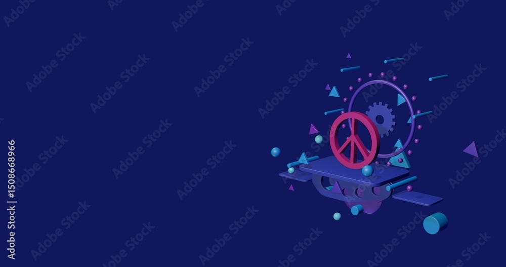 Fototapeta premium Pink peace symbol on a pedestal of abstract geometric shapes floating in the air. Abstract concept art with flying shapes on the right. 3d illustration on indigo background