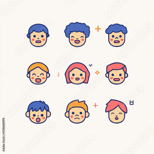 Clean vector icons showing kids’ emotions with simple expressive faces in flat style, perfect for educational use, therapy worksheets, and emotion-tracking activities