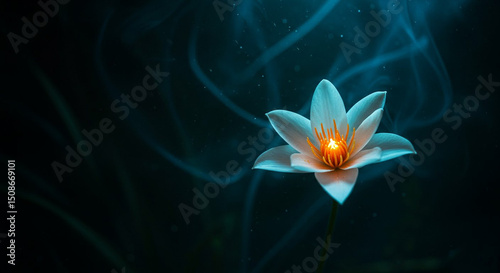 Glowing white flower with dark blue background