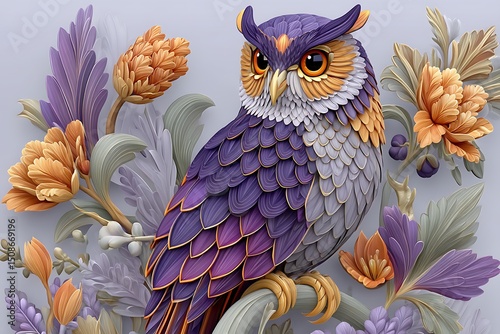 Decorative owl with intricate feather patterns and botanical background style high resolution photo photo