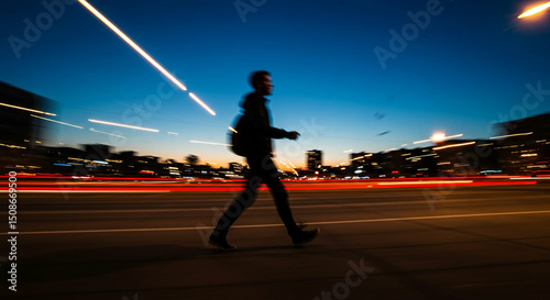 man walking in city at dusk with blurred traffic