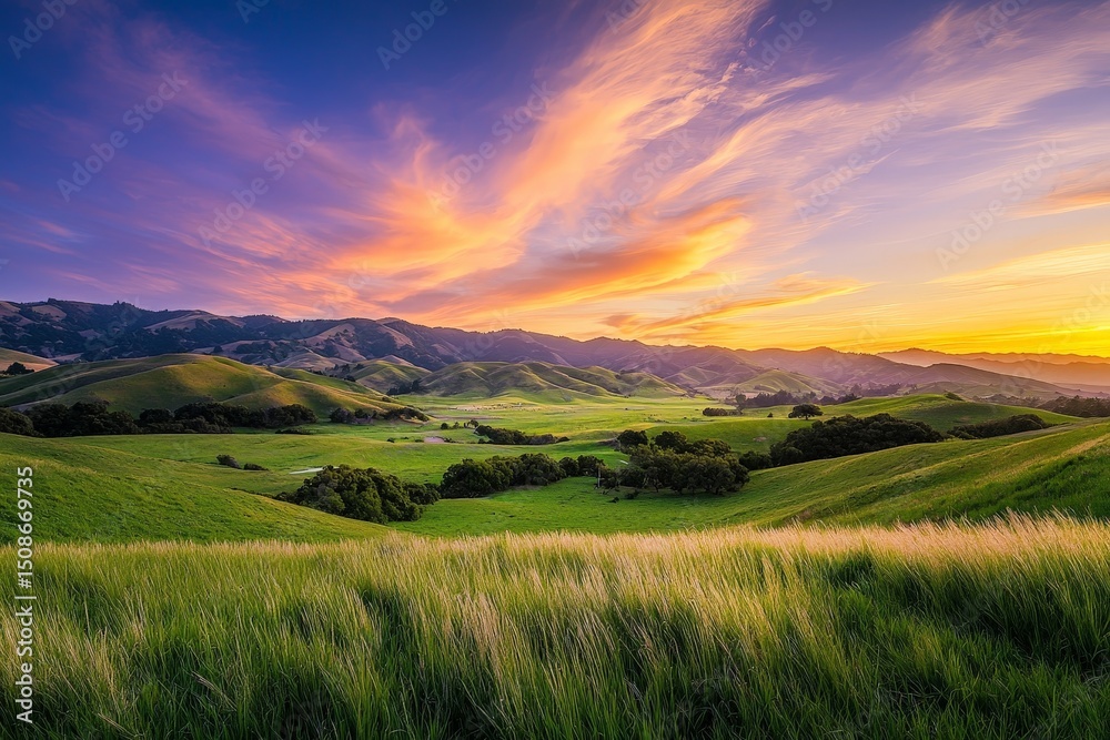 Fototapeta premium Tranquil Sunset Over a Peaceful Meadow with Swaying Grasses