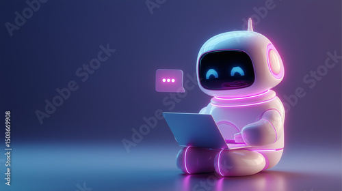 ピンクのライトをつけてノートパソコンに向かう笑顔のロボット