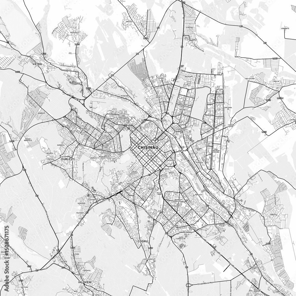 Obraz premium Chișinău Area Map with Labels and Neighborhoods - One color, minimalistic design
